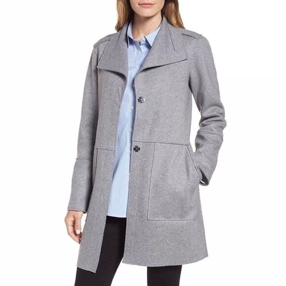 Kenneth Cole New York Women Coat Peacoat Petite Medium Wool Blend Gray Pockets - Picture 1 of 13